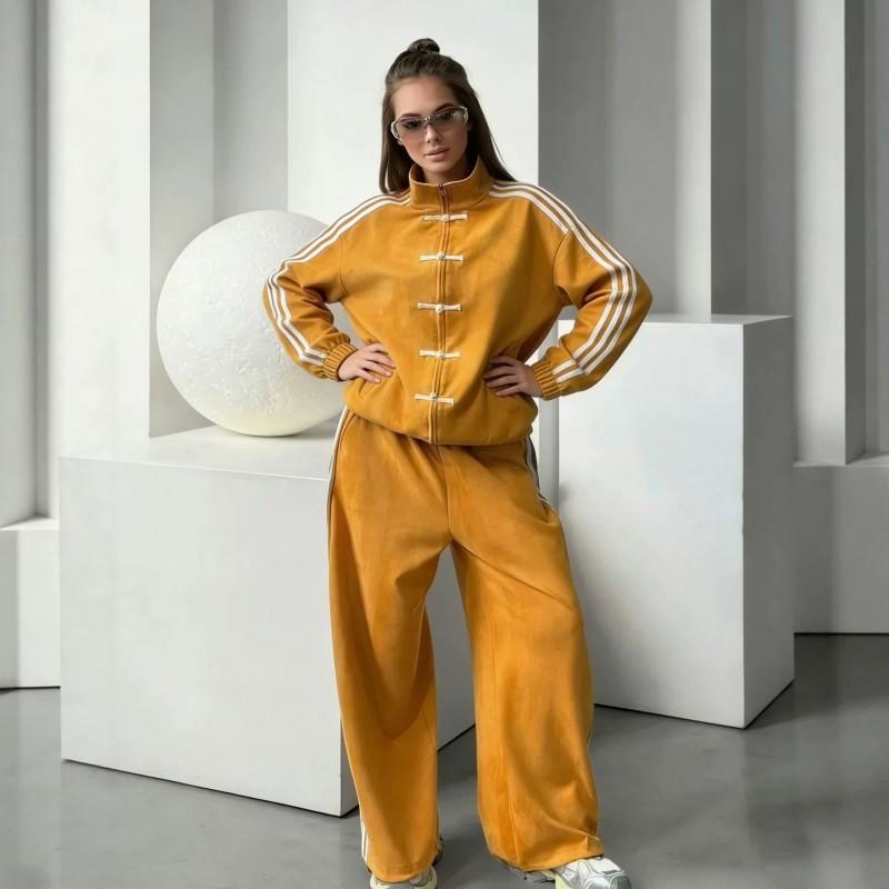 226 Fashion Button Striped Tracksuit Retro Stand Collar Jacket Wide Leg Sweatpants Two Piece Set