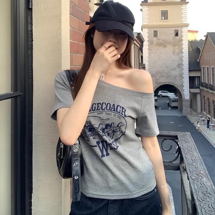 

Харадзюку Женские футболки лето короткий рукав Косой воротник повседневный принт с буквами Приталенная футболка Женские топы y2k XL серый
