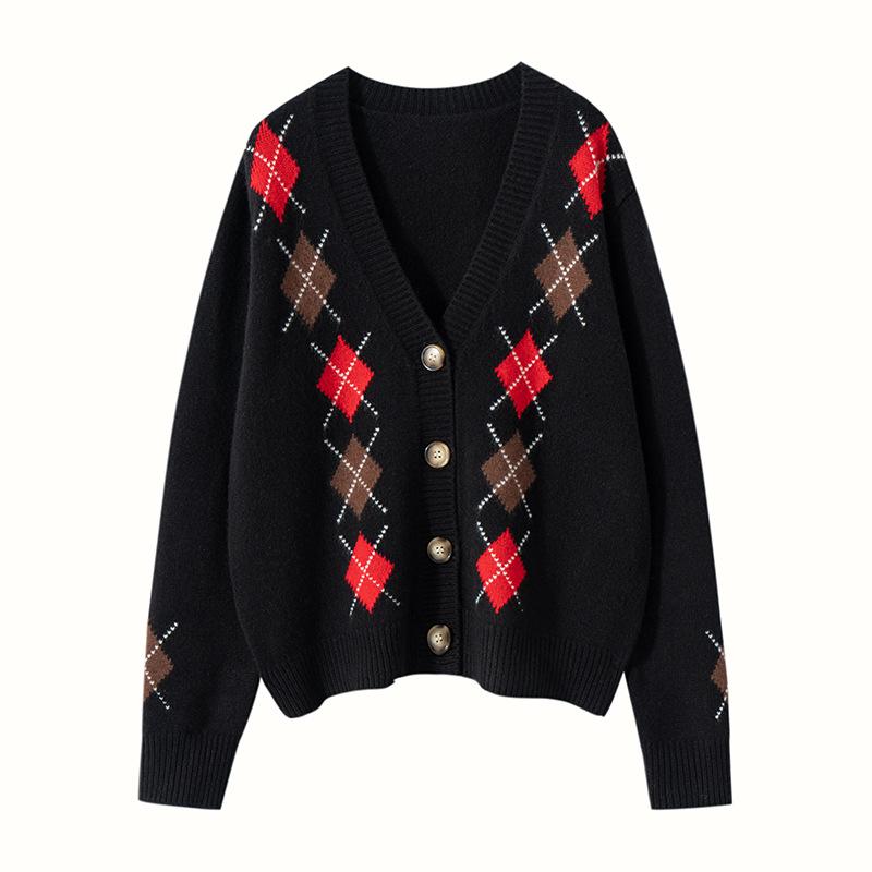 

Женский кашемировый кардиган с вышивкой и V-образным вырезом: Осенне-зимний шерстяной свитер с ромбовидным цветовым блоком One Size чёрный
