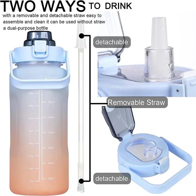 2L Large Capacity Plastic Water Bottle Time Scale Label Sticker Space Cup Spring Cap Painted Gradient Color Water Cup