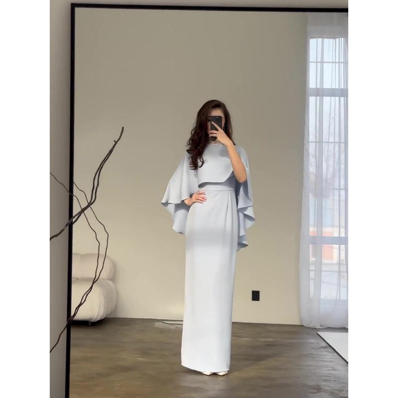 European and American 2024 Solid Color Satin Batwing Shawl Dress with Long Sleeves