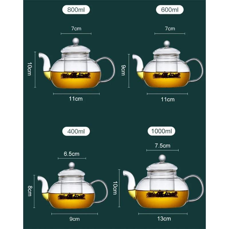 Bollitore da tè in vetro riscaldabile, Teiera in vetro borosilicato adatta per piano cottura e microonde con infusore in vetro rimovibile per tè sfuso
