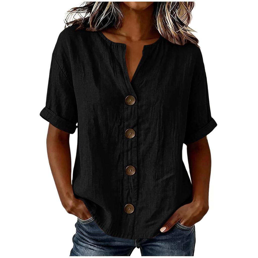 Women'S Elegant V Neck Short Sleeve Button Down Cotton Linen Blouse, Solid Color Summer Office Casual Top