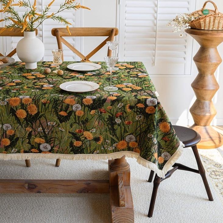 American Retro Country Tablecloth with Beige Tassel Rectangle Coffee Table Dining Table Cover Decorative Cloth for Festivals