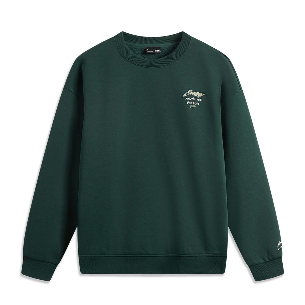 Li Ning Sports Lifestyle Series Brand Logo Anti-Static Fleece Warm Loose Crewneck Sweatshirt Men Sweatshirt Green AWDU981-11