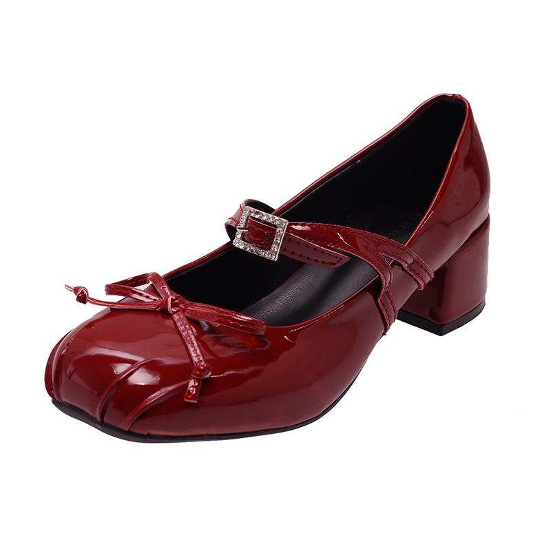Fashion French Bow Mary Jane Shoes Women's Summer New Round Toe 100 with Skirt Metal Buckle Block Heel Small Leather Shoes