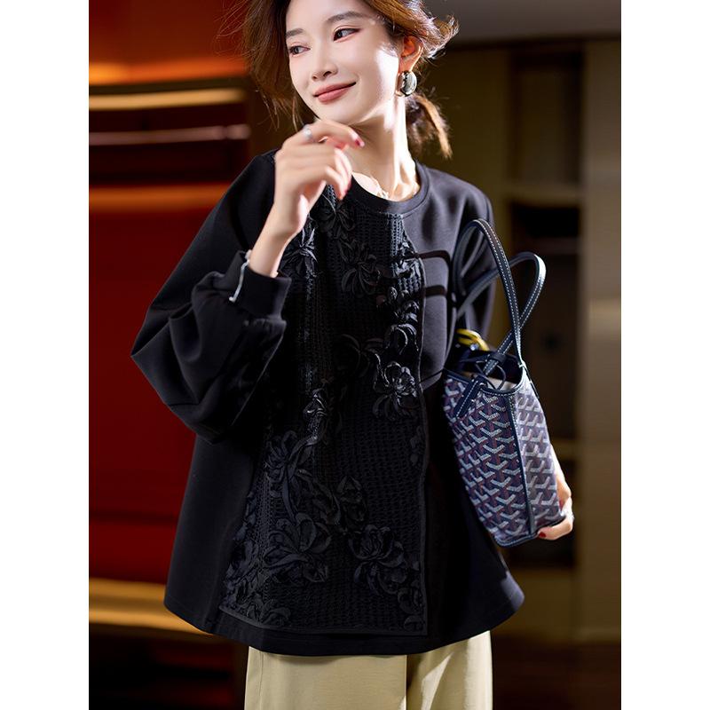 

Модная черная футболка с вышивкой в виде диска, женская зимняя новая китайская футболка большого размера с длинными рукавами, женская одежда XXXXL