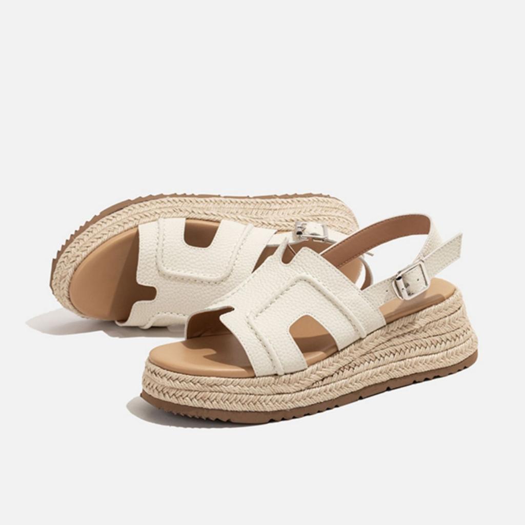 Ruth, the Same Leather One-word Sandals for Women 2025 New Straw Woven Thick-soled H Muffin 5cm High-heeled Cool Slippers for Women