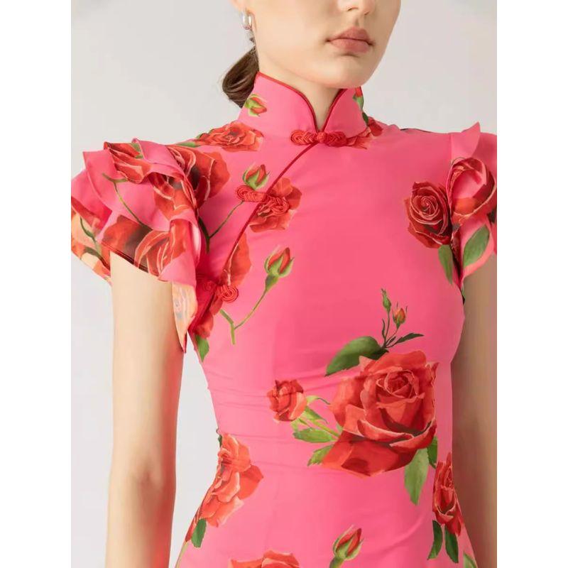 Fashion Women's New Sleeve Casual Print Dress New Chinese Style Cheongsam Casual Printed Dress