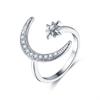 Fashion Finger Ring Silver Color Star Moon Rings For Women Wedding Party Jewelry Shine Crystal Metal Flower Opening anillo