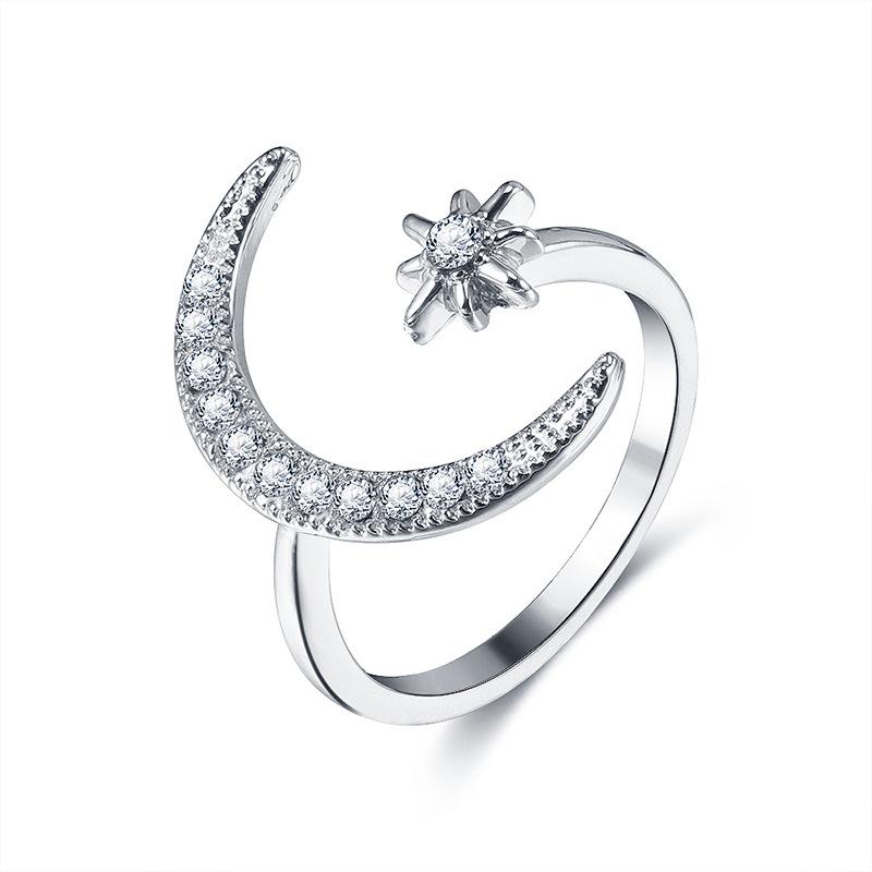 Fashion Finger Ring Silver Color Star Moon Rings For Women Wedding Party Jewelry Shine Crystal Metal Flower Opening anillo