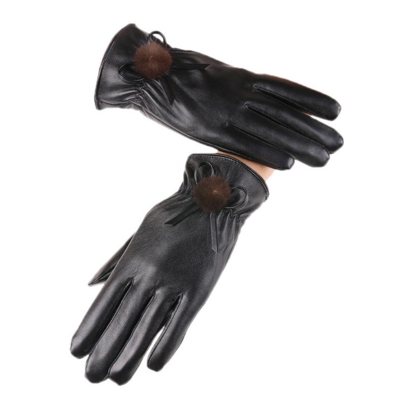 Autumn and winter gloves women's leather gloves bow velvet thickened outdoor driving riding touch screen warm gloves