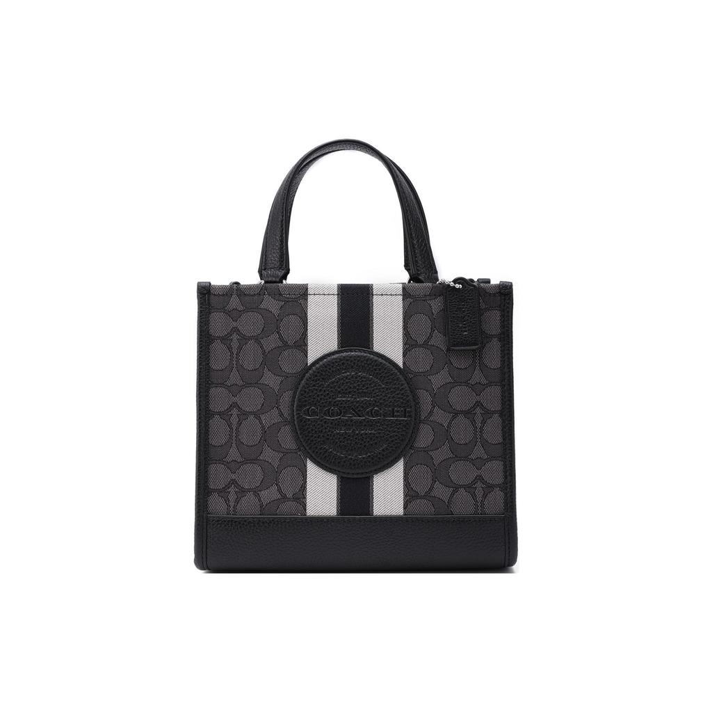 Coach Dempsey 22 Monogram Stripe Logo Decor Fabric With Leather Tote Bag Women tote Black CQ878-SVRT6