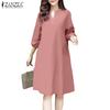 ZANZEA Damen Lässig V-Ausschnitt Locker 3/4 Ärmel Kleid