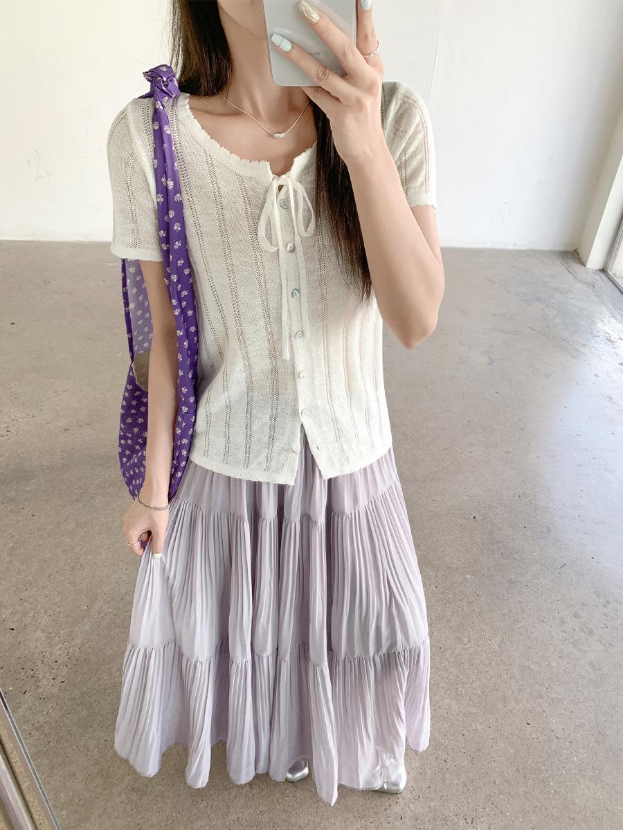 

Korean sweet hollow lace-up short-sleeved knitted cardigan women s summer new stacked wear outer air-conditioned blouse small top One size fits all белый