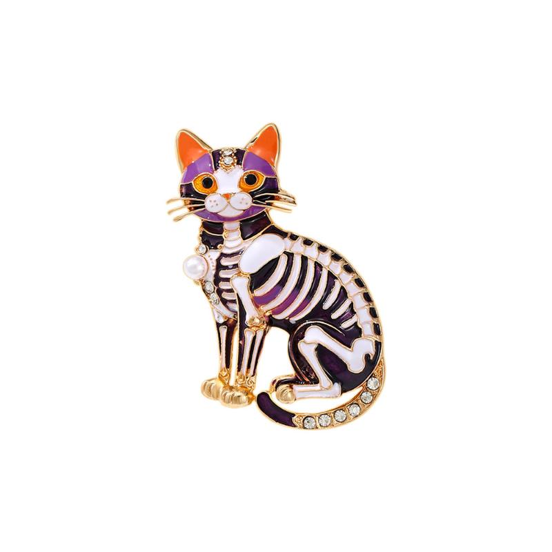 Baroque Halloween Skeleton Cat Dripping Oil Brooch Animal Themed Brooches Pins For Men Women Festive Party Accessories Gift