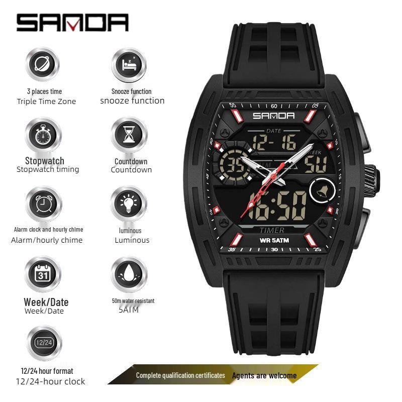 SANDA Men's Waterproof Luminous Sports Watch - Countdown & Multifunctional Barrel-Shaped Electronic Watch with Large Dial