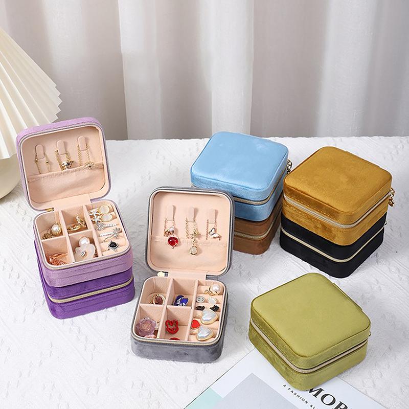 Velvet Jewelry Box Travel Portable Flannel Square Zipper Style Jewellery Storage Case  Gift Holder Ring Earring Holder