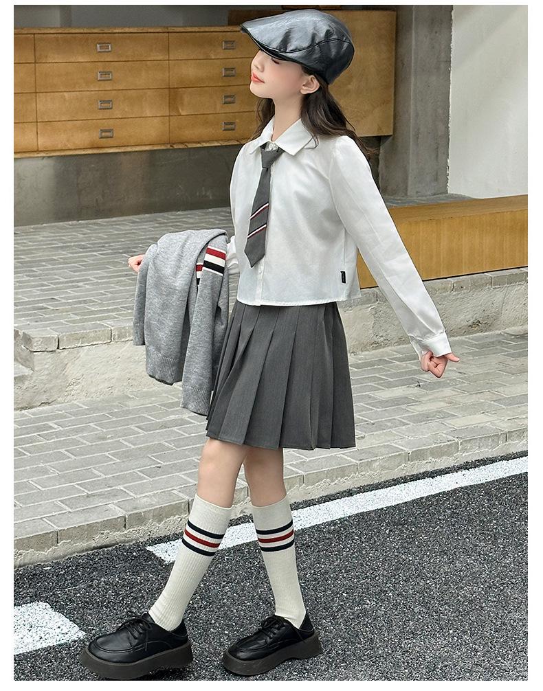Girls' Autumn Preppy JK Shirt, Pleated Skirt, and Cardigan Set