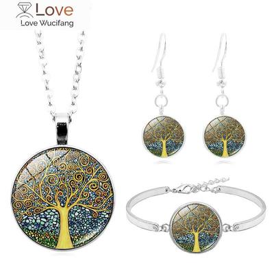 Vintage Tree Of Life Glass Cabochon Necklace Stud Earring Bracelet Bangle Set Totally 4pcs Women 'S Fashion Jewelry Creative Gift