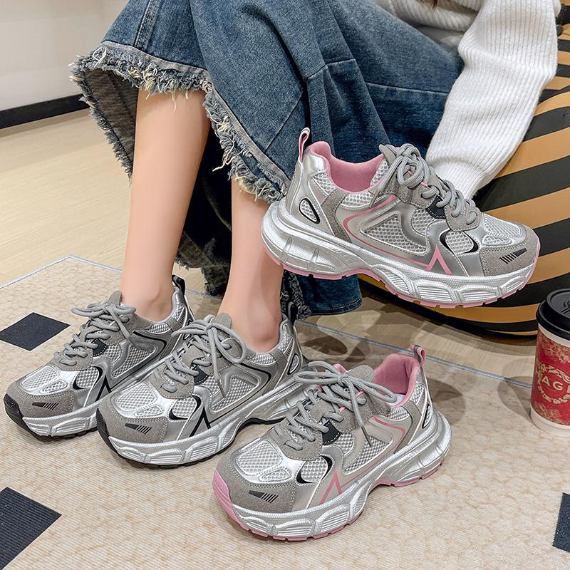 Spring Women's Shoes Silver Thick Sole Versatile Casual Shoes Women's Lightweight and Breathable Sneakers Zapatos Mujer