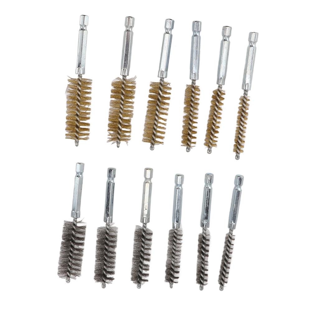 12PCS Bore Brush Copper and Iron 304 Stainless Steel Bristles Wire Brush for Power Drill with Hex