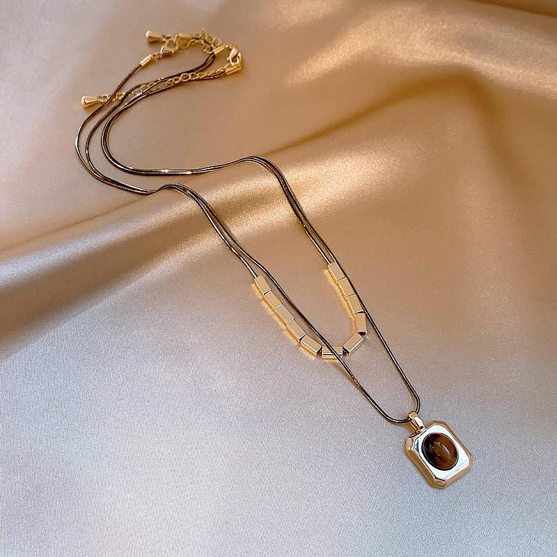 French Tiger s Eye Double Layer Square Pendant Necklace: Elegant, Versatile & Exquisite High-End Sweater Chain for Women.