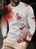 Spooky Long-sleeve T-shirt with Blood Splatter Print, Ideal for Halloween Events.