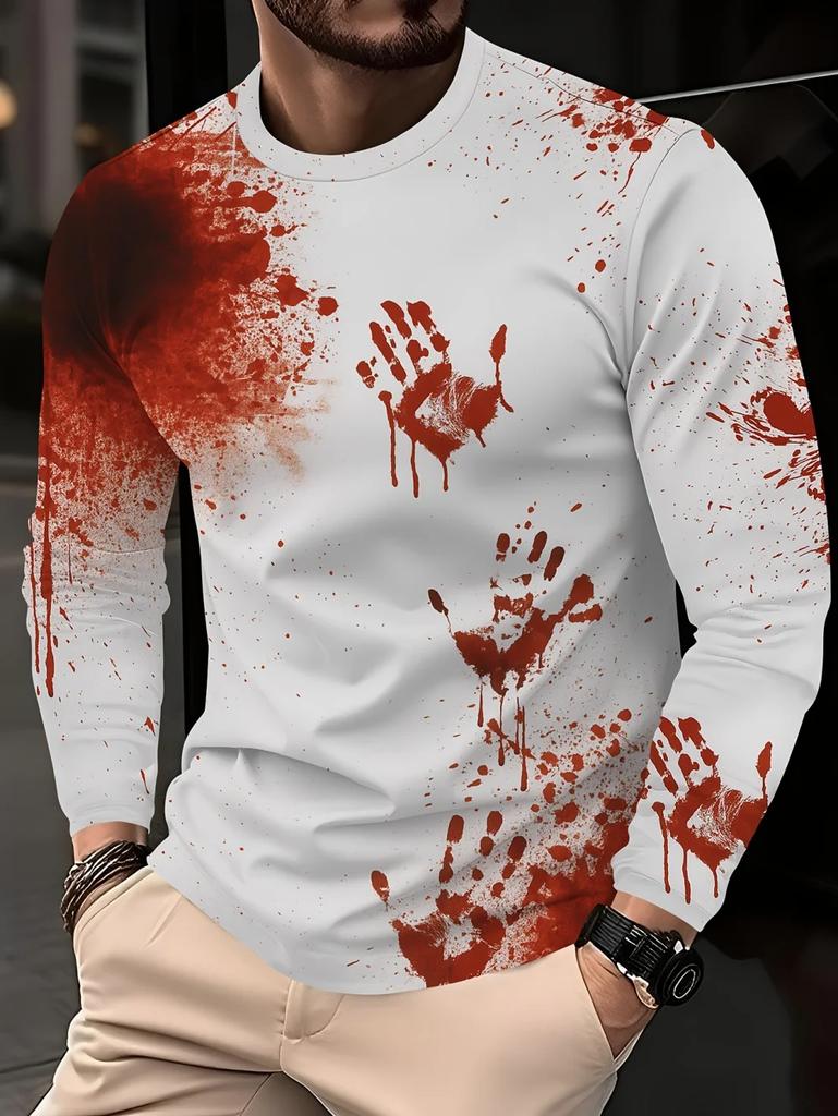 Spooky Long-sleeve T-shirt with Blood Splatter Print, Ideal for Halloween Events.
