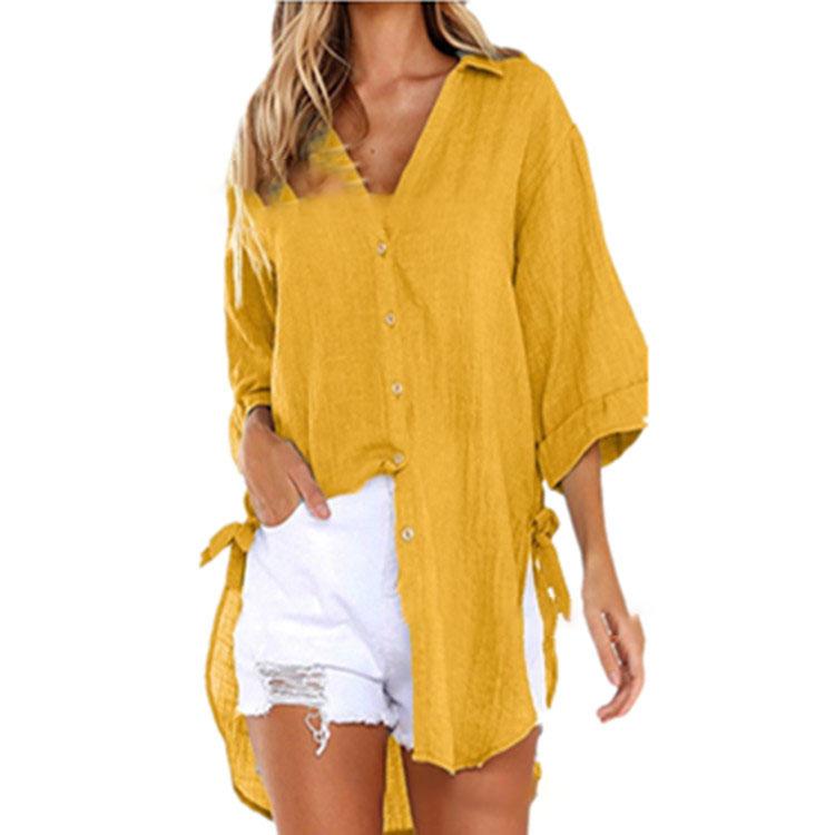 Women Casual Lace-up Button Lapel Shirt Loose Side Knotted Long Sleeve Shirt Plus Size