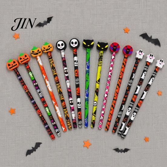 Pumpkin Pencils 12 Pcs Halloween with 3D Skull Ghost Cat Erasers, Smooth Writing Wood Bulk for Goodie Bags, School Classroom Rewards Supplies Seasonal