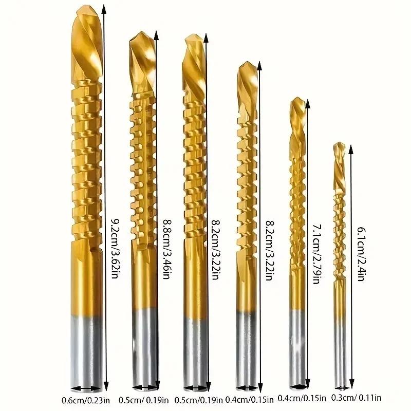 6Pcs HSS Twist Drill Bits Set Titanium Coated Drill Bit 3-8mm Serrated Grooving Spiral Jagged Saw Drill Bit Composite Drill Bits