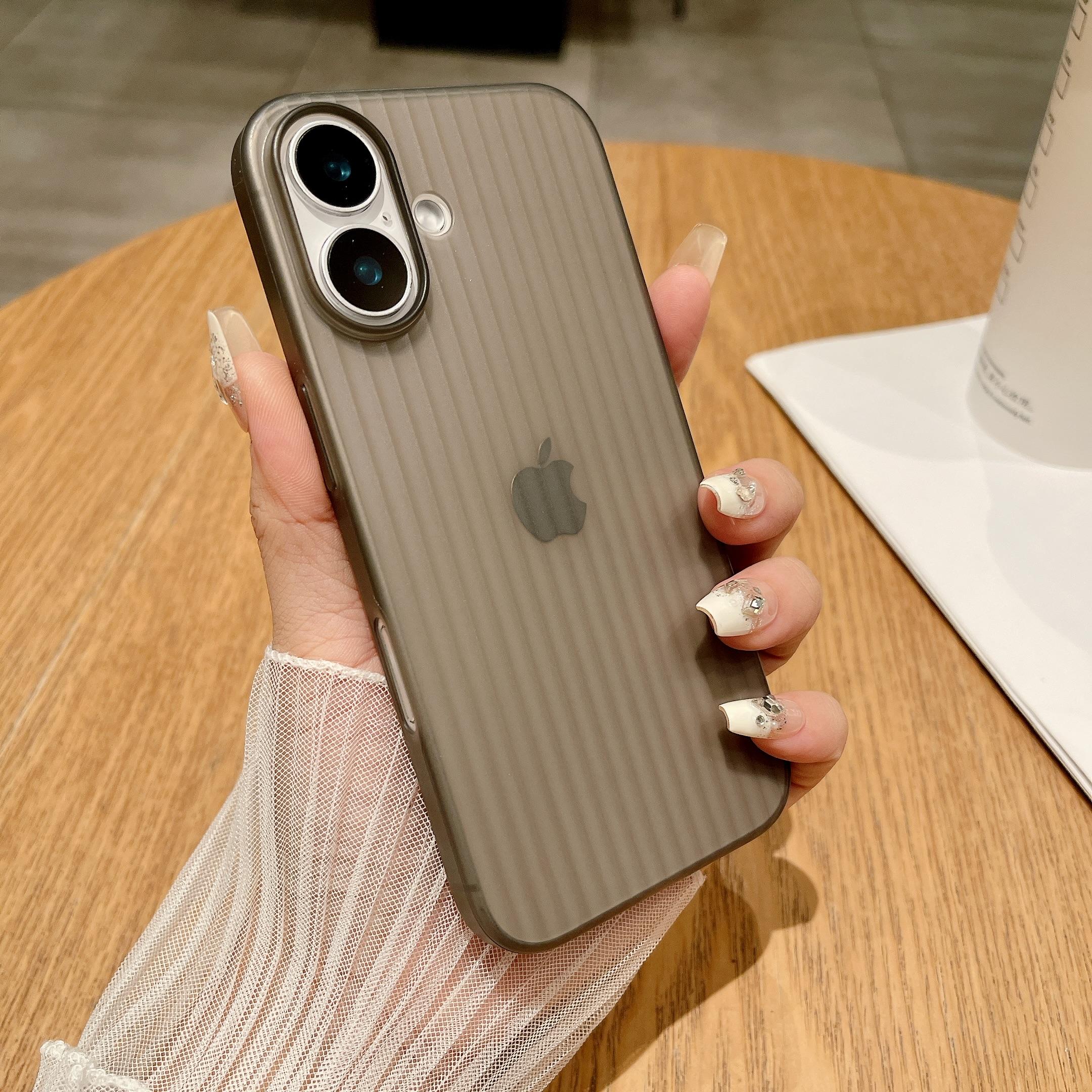 

For iPhone 16 Case Corrugated Design Hard PC Phone Cover Transparent Grey