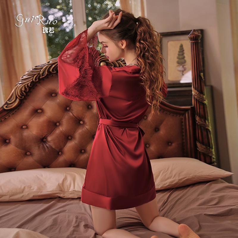 Women's Lace Cardigan Tie Sleepwear Bathrobe Lounge Set
