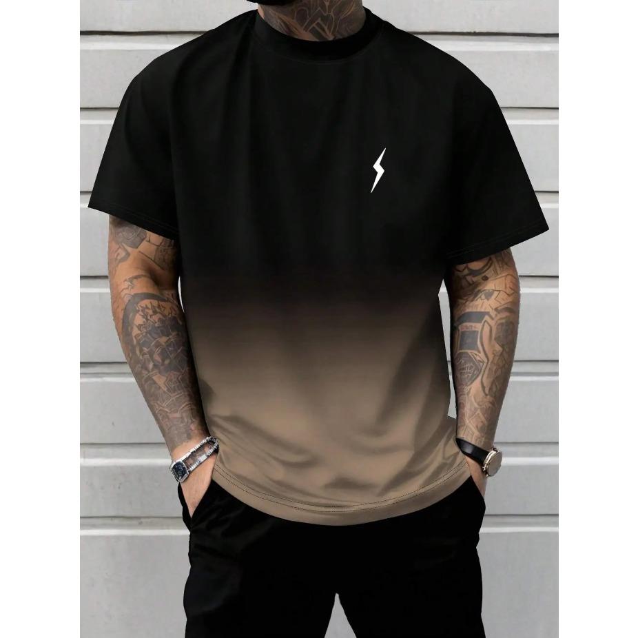 

Мужская футболка большого размера с графикой градиентной молнии омбре - Спортивная повседневная футболка с коротким рукавом и круглым вырезом, стандартной посадки, для повседневного комфорта БОЛЬШОЙ РАЗМЕР XS