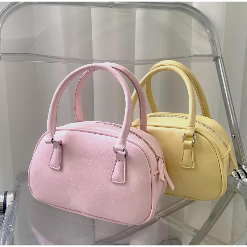 Women Pu Leather Bowling Bag Mini Small Square Handbag Top Handle Crossbody Shoulder Bag Trendy Versatile Casual Dating Tote Bag