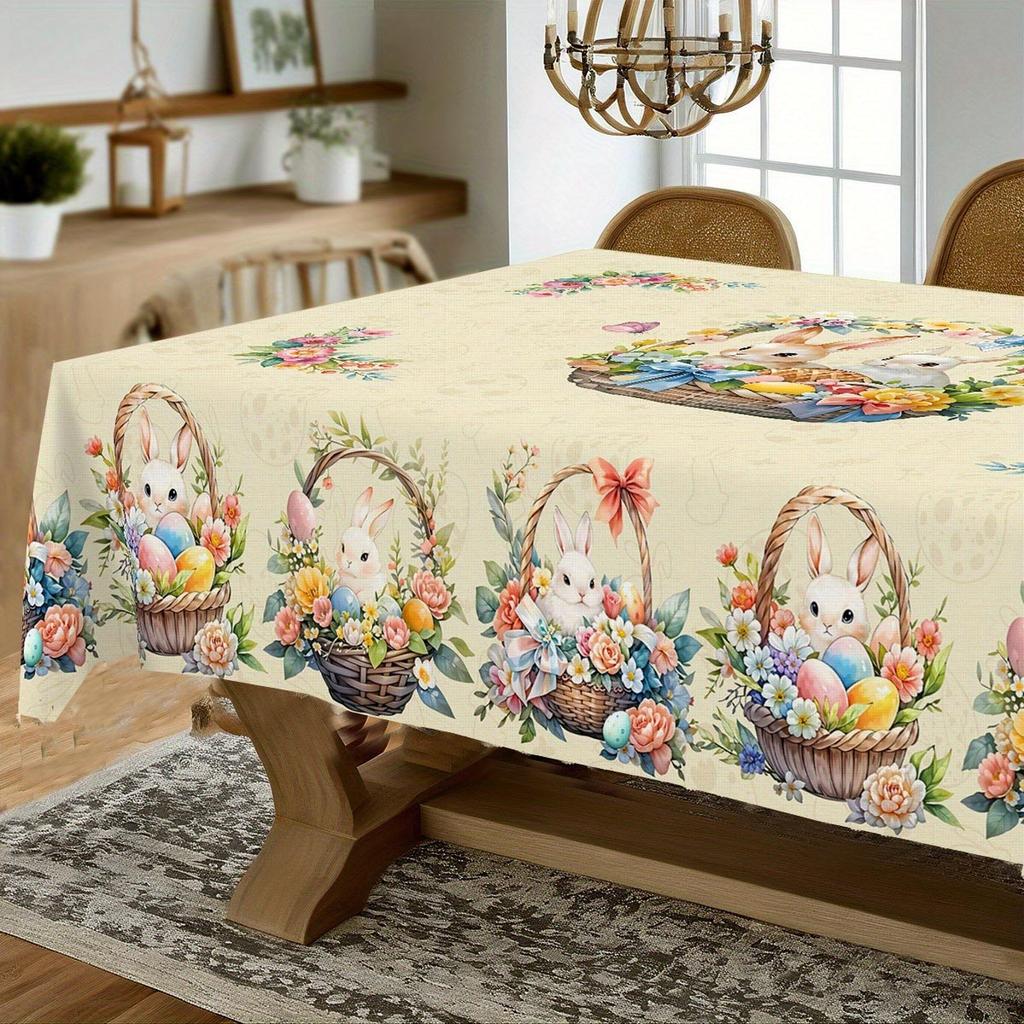 Easter Bunny Eggs Polyester Tablecloth for Table Decor Spring Watercolor Floral Plants Butterfly Table Cloth Easter Decorations