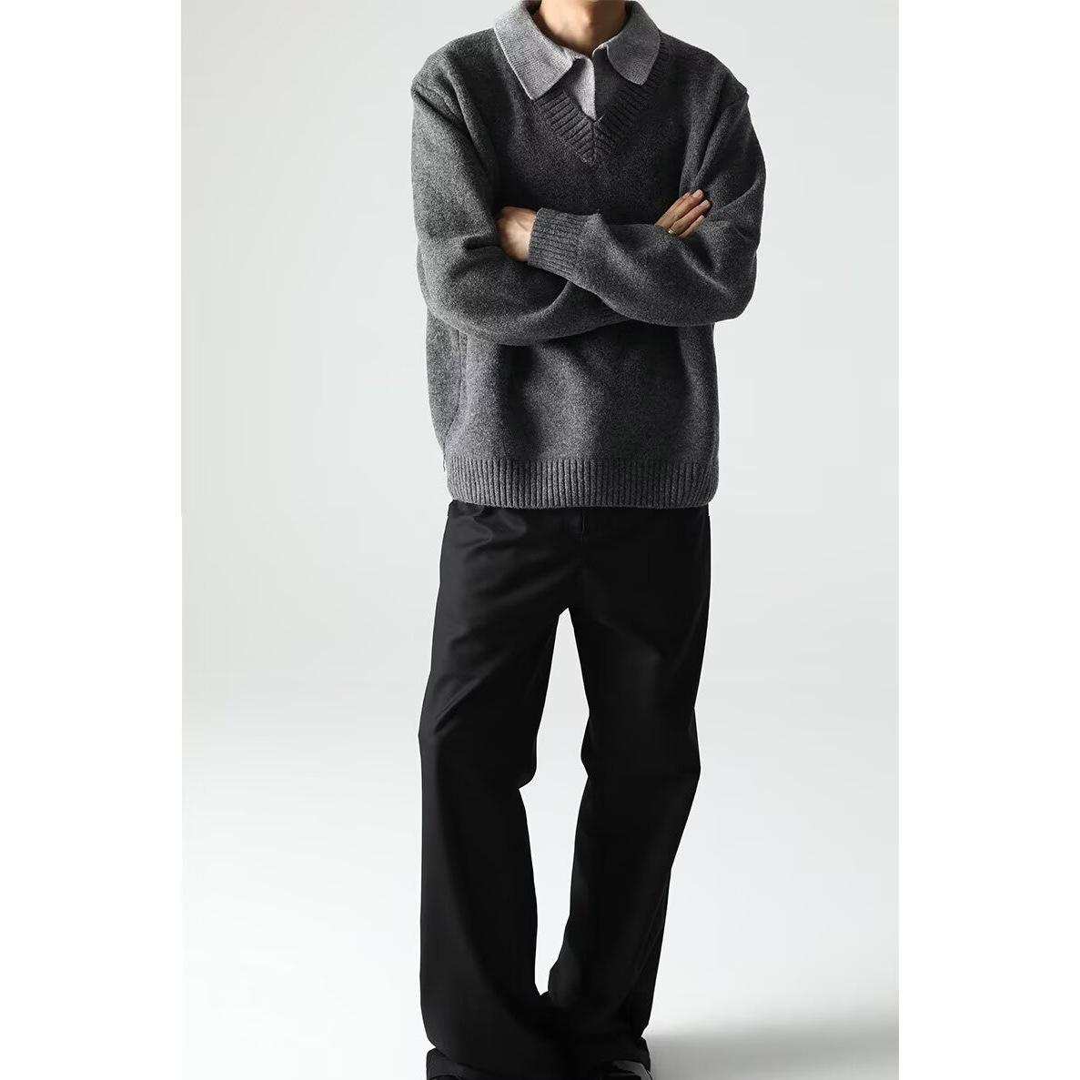Men s Autumn/Winter Two-Piece Look V-Neck Sweater – Trendy Loose Knitwear Base Layer 2XL