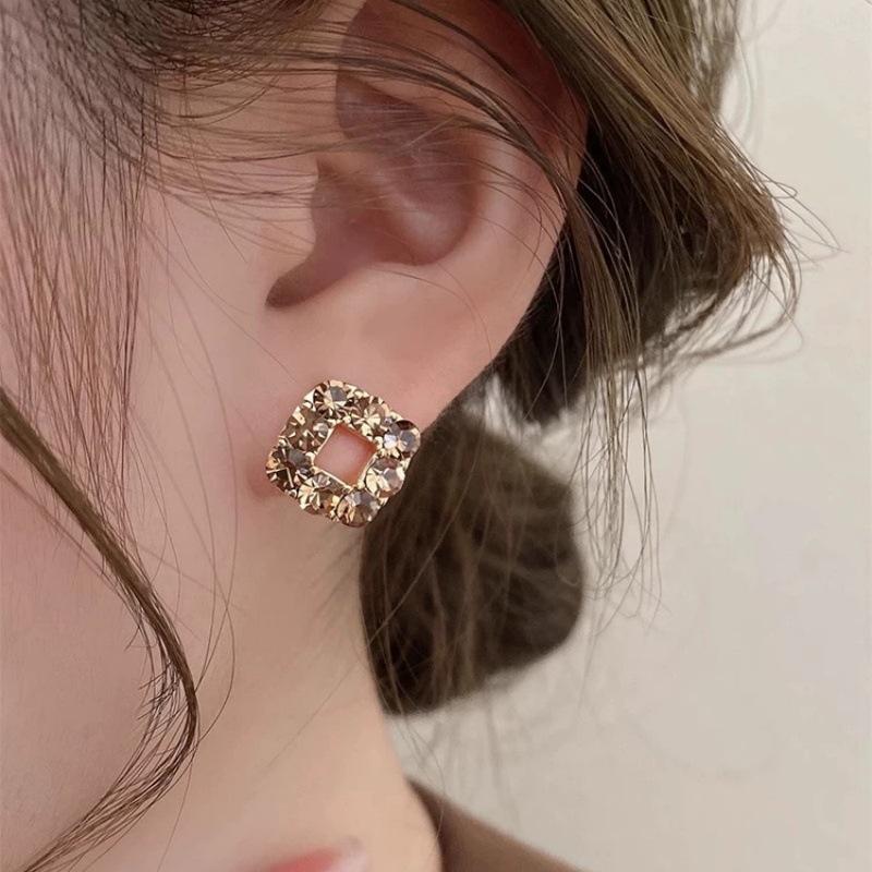 Maillard Caramel Brown Earrings Women's Geometric Square High-end Stud Earrings New Exquisite Silver Needle Ear Jewelry