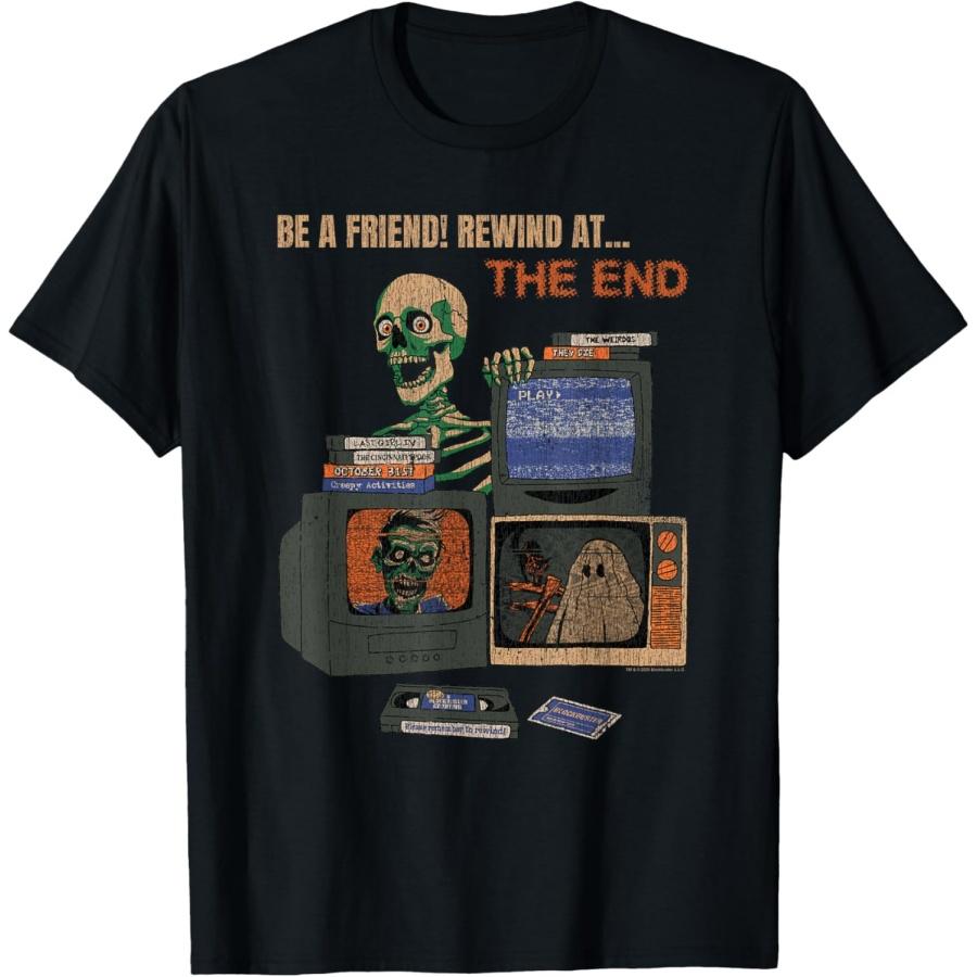 Blockbuster Rewind At the End Horror Movie Skeleton Vintage T-Shirt S