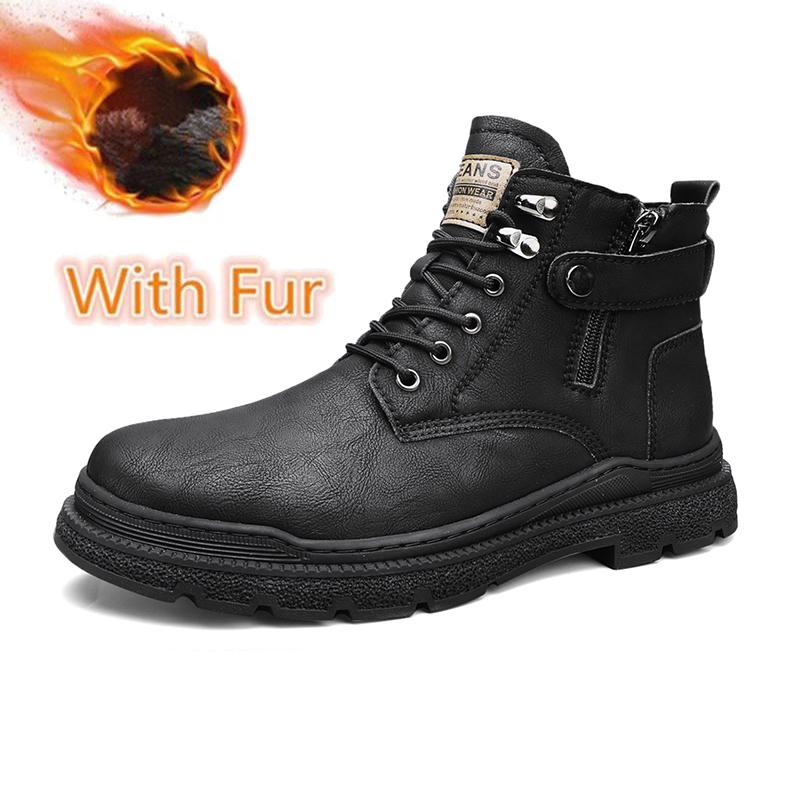 Male Warm Plush Fur Winter Boots Classic Leather Men Ankle Boots Lace-Up Non-Slip High Top Shoes Punk Style Man Motorcycle Boots