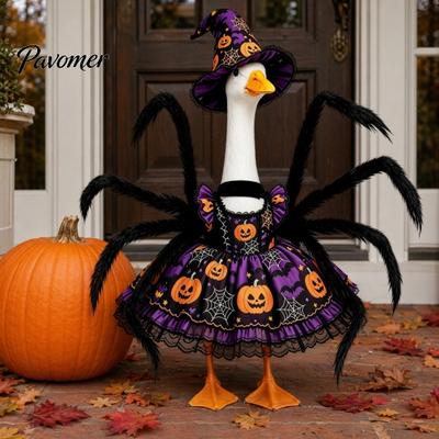 Fun Halloween Outfit 1 Set Spider Goose Outfit, Pumpkin Cobweb Print Dress with Reusable Decoration Legs And Witch Hat, Yard Costume for 23-Inch