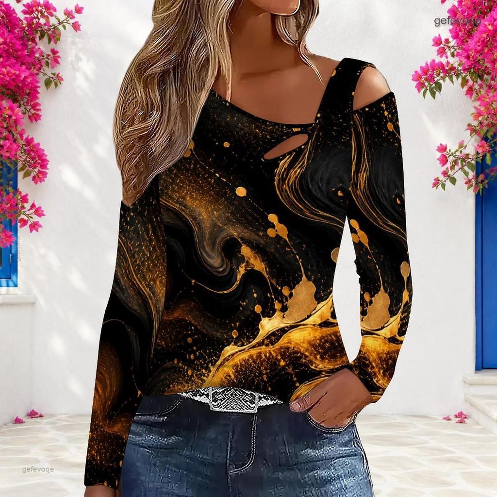 Women Plus Size Asymmetric Cutout Neck Cold Shoulder Long Sleeve Galaxy Printed Fitted Top