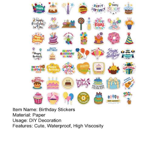 Yousheng 50Pcs Birthday Stickers Various Hat Balloon Blessings Birthday Cake Cute Decals Waterproof DIY Decoration PVC Cartoon Stickers Luggage Case