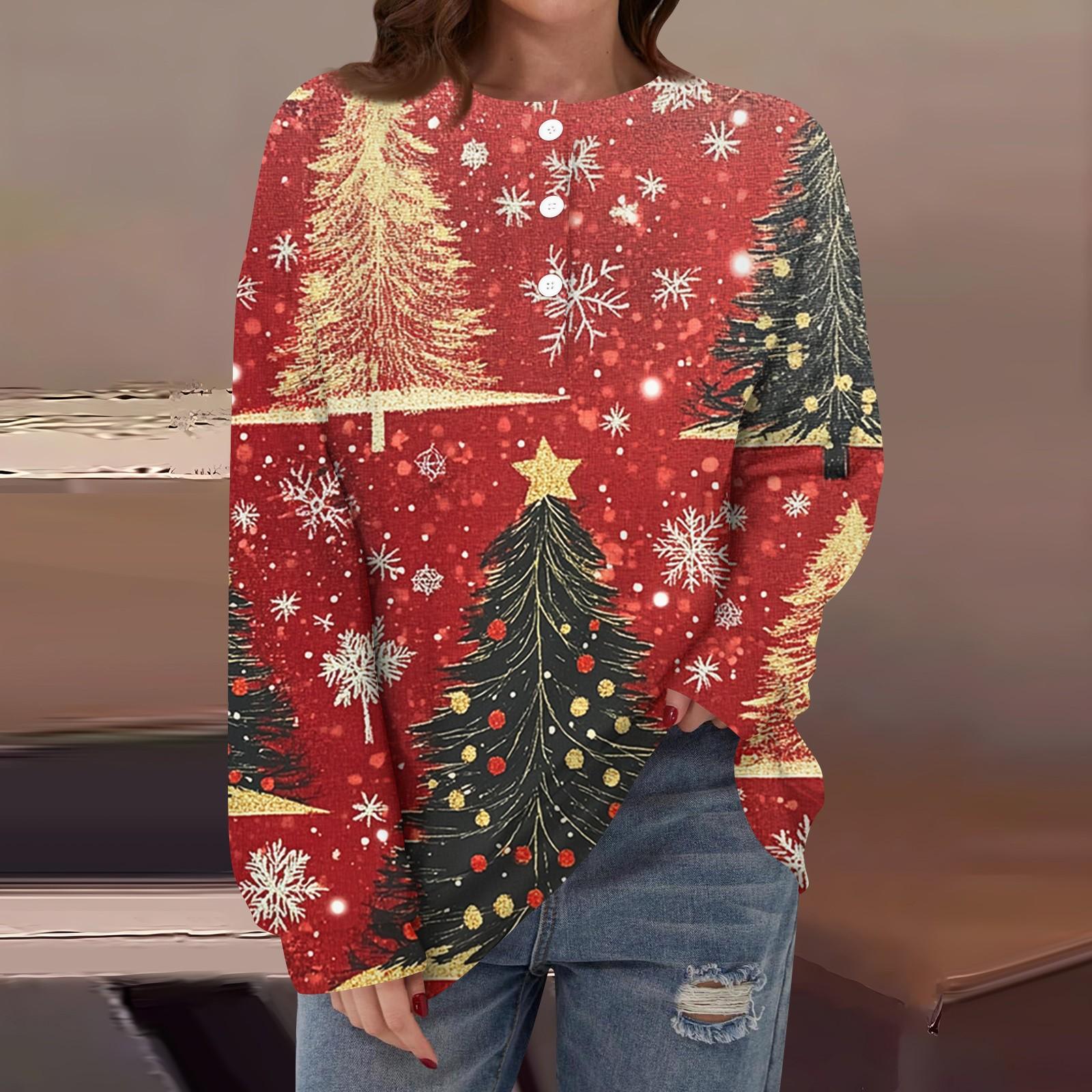 

Женская повседневная свободная толстовка с длинным рукавом, пуговицами и круглым вырезом с рождественским принтом M