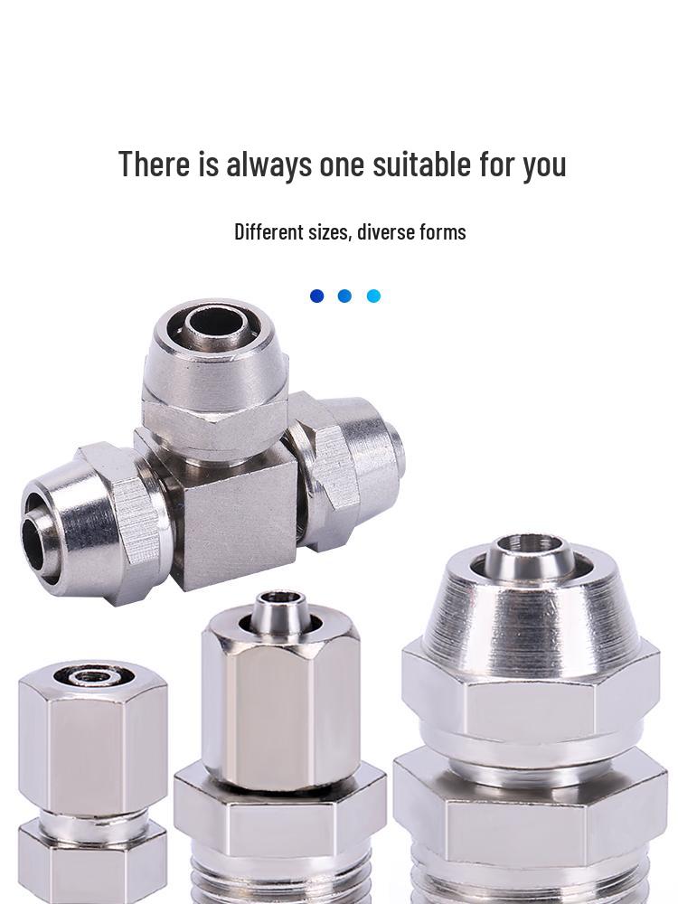 T-shaped Quick-Connect Pneumatic Fitting for High-Pressure Air Hoses, Nickel-Plated, Available in 4-12mm.