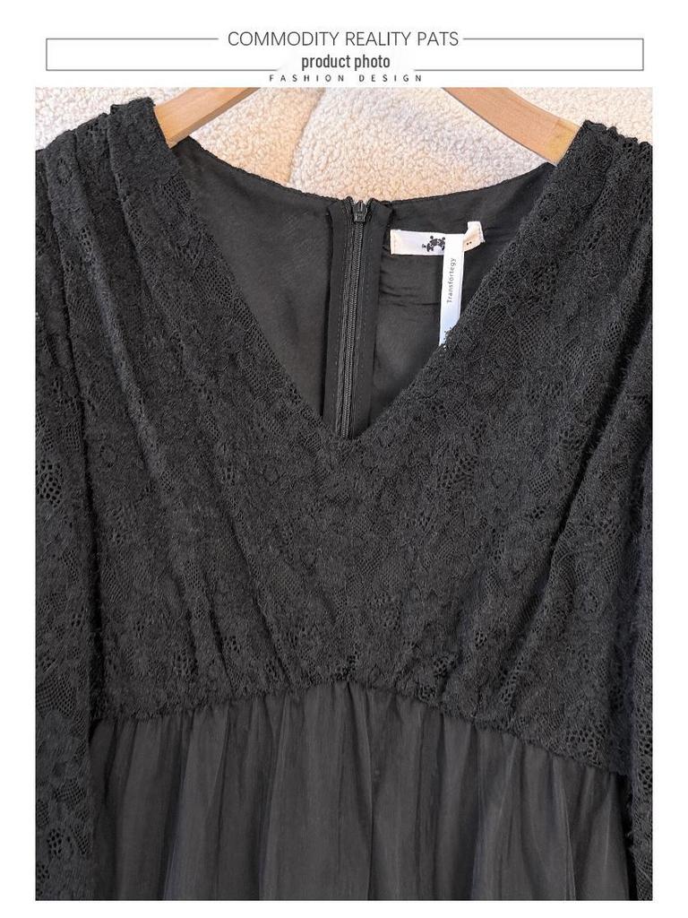Plus Size Women's Mesh Lace Long-Sleeve Dress for Spring & Fall – Stylish Evening Gown for Slightly Plump Figures