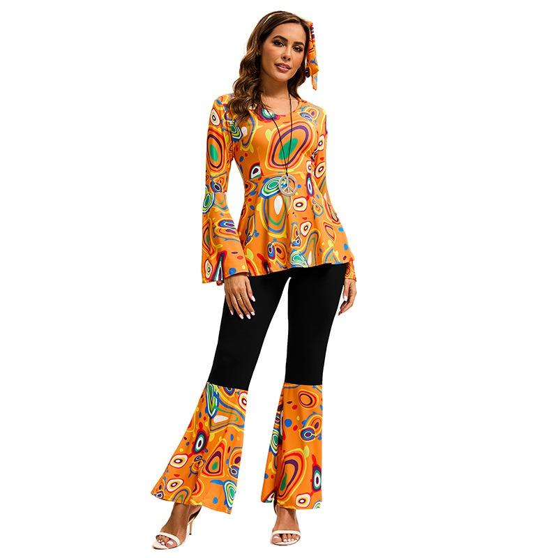 New hot-selling printed top, trousers, headscarf set, hippie ball stage performance costume