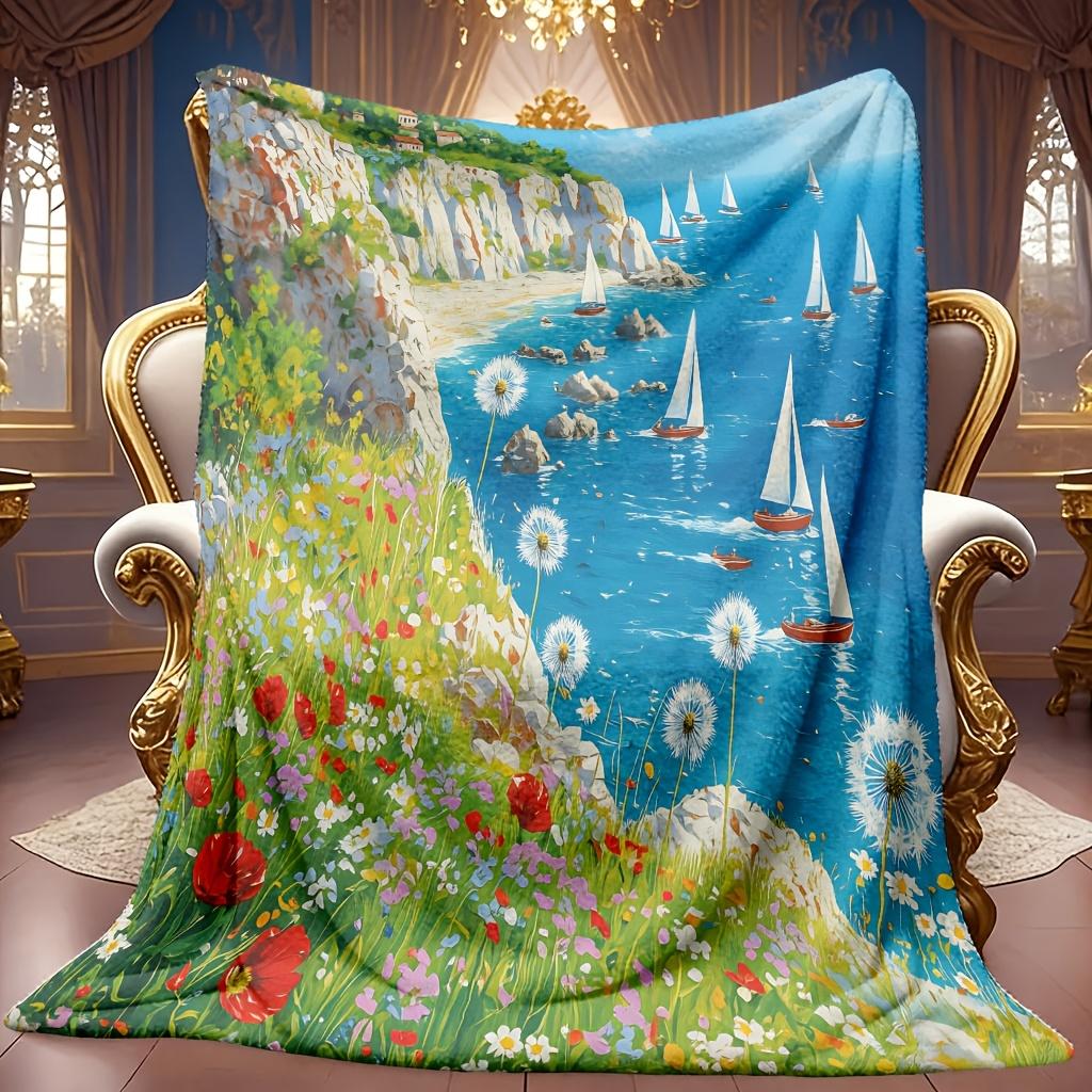 Soft Flannel Blanket Featuring a Coastal Flowers Design, with High-Definition Digital Printing. This Cooling Blanket Is Suitable for All Seasons, Maki