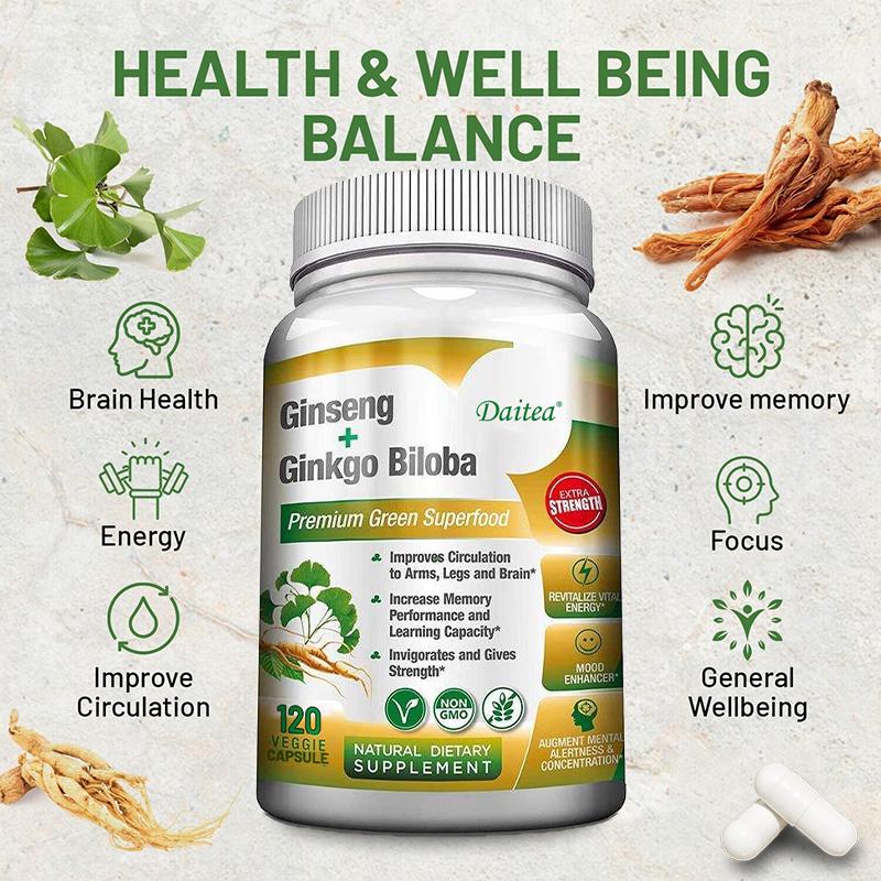 Ginseng & Ginkgo Biloba Nahrungsergänzungskapseln, 120 vegetarische Kapseln 60-Tage-Vorrat